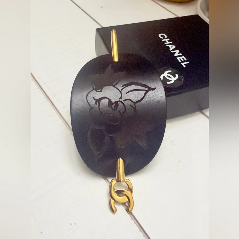 Chanel Black Leather Majeste Hair Stick Pin Camellia Flower CC Logo Gold